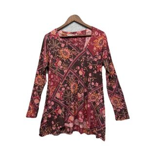 Soft Surroundings Womens Sz M Boho‎ Tunic Top V-Neck Pullover Floral Long Sleeve